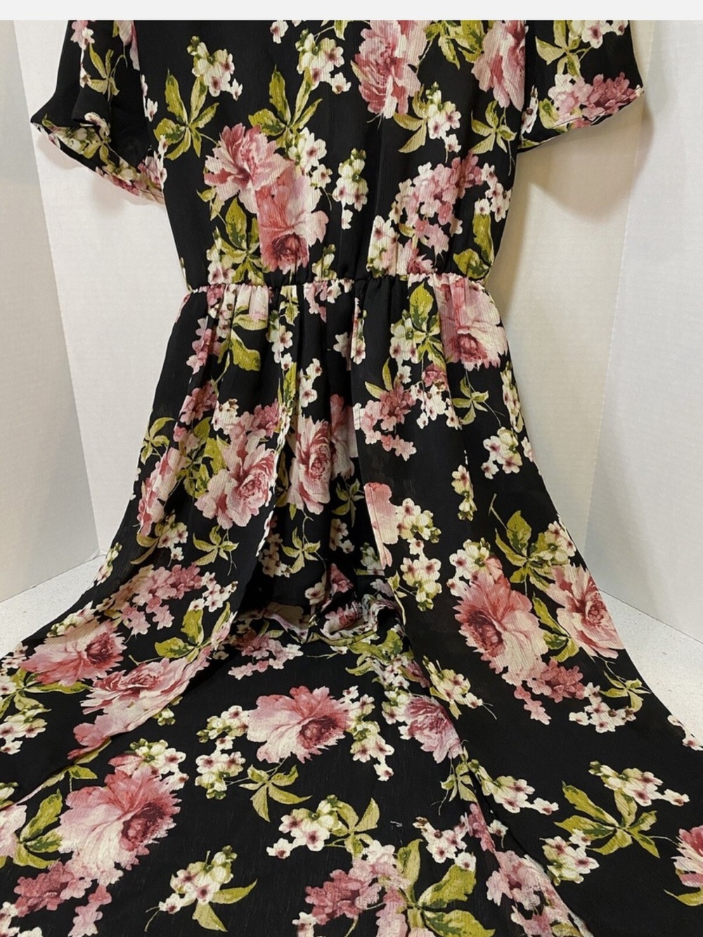 As U Wish Black Dress with Pink Rose and Green Leaf Print